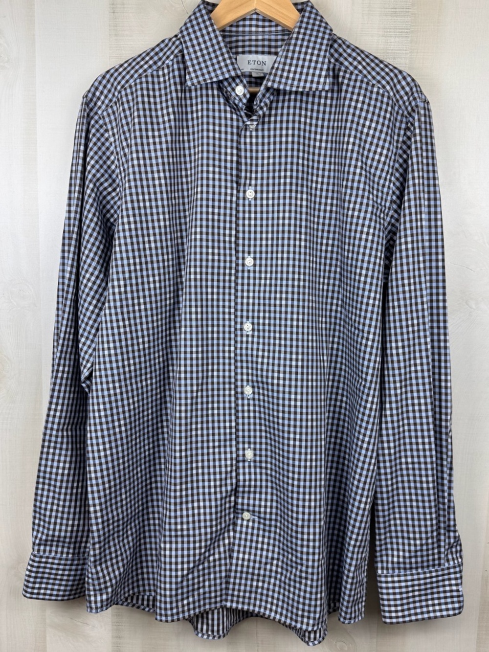 ETON Contemporary Men’s Long Sleeve Button Up Shirt Blue Gray Gingham Check XL